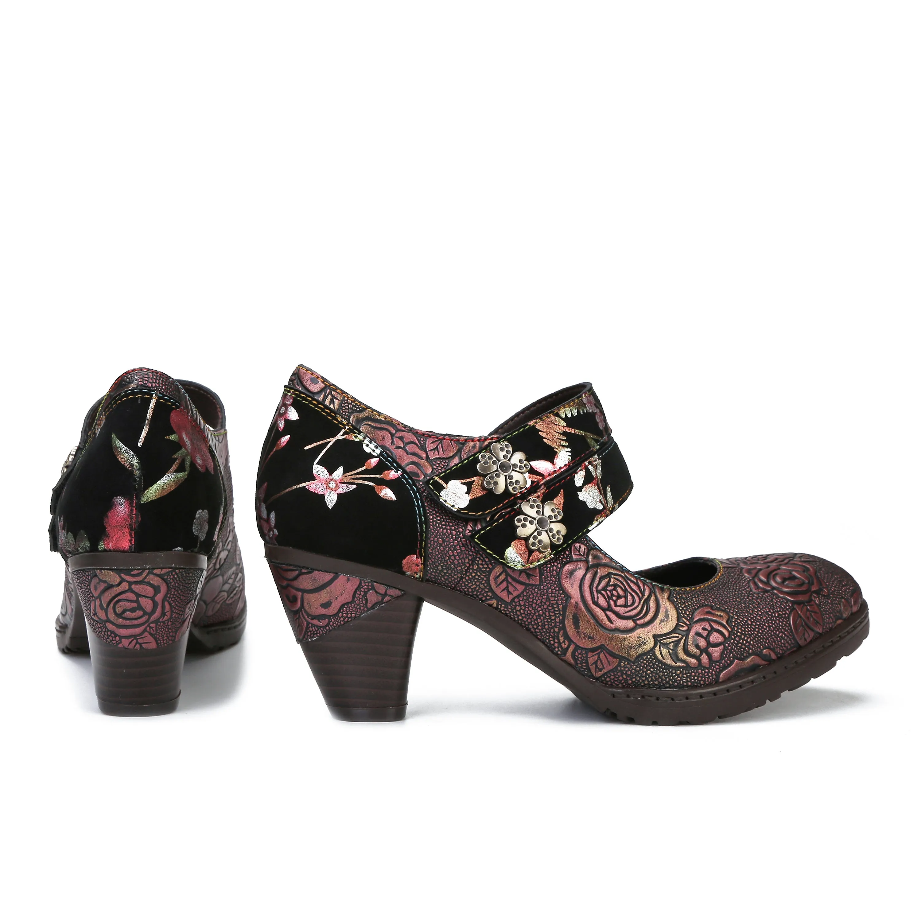 CrazycatZ Women's Leather Mary Jane Shoes Vintage Bohemian Colorful Shoes Floral Mary Jane Shoes