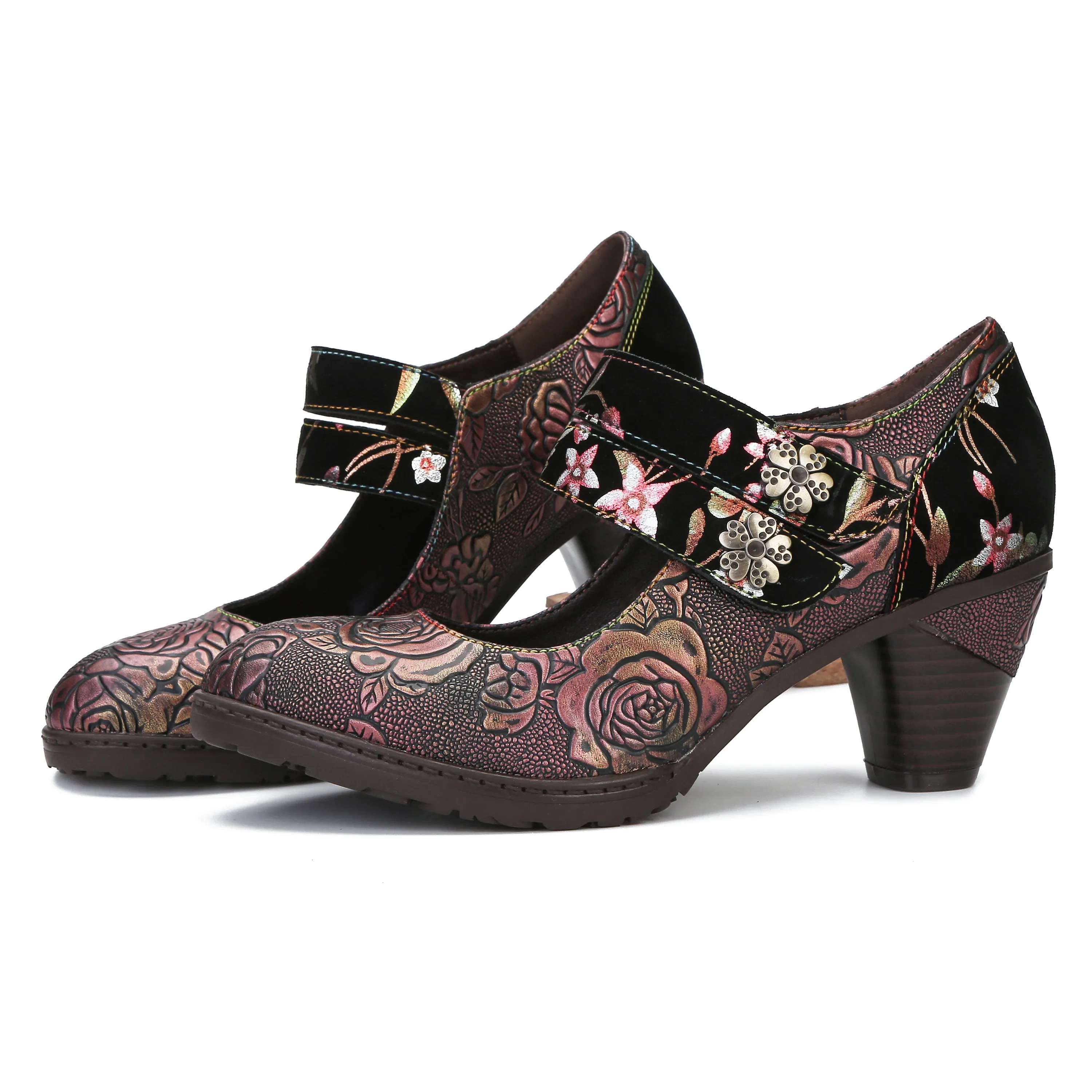CrazycatZ Women's Leather Mary Jane Shoes Vintage Bohemian Colorful Shoes Floral Mary Jane Shoes
