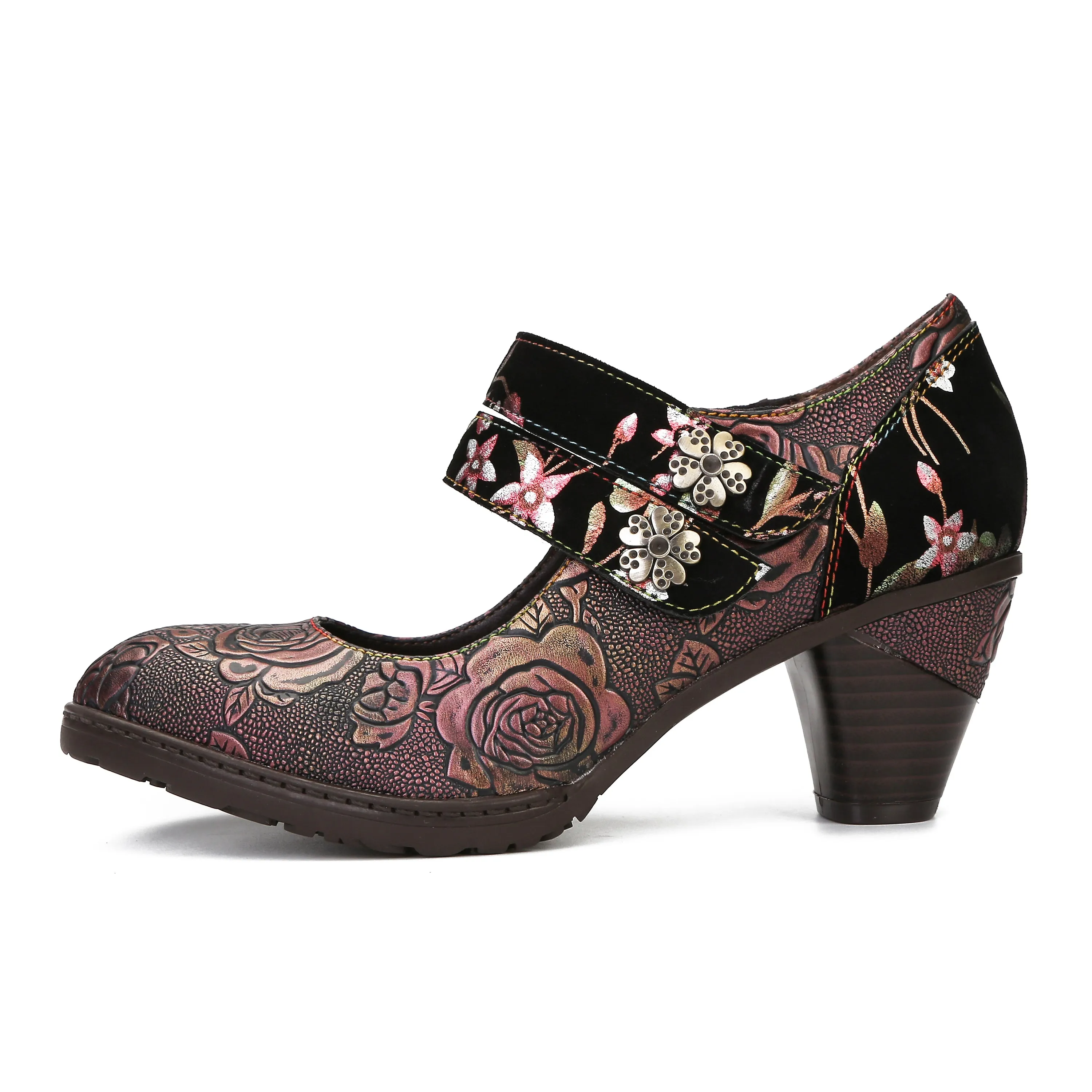 CrazycatZ Women's Leather Mary Jane Shoes Vintage Bohemian Colorful Shoes Floral Mary Jane Shoes