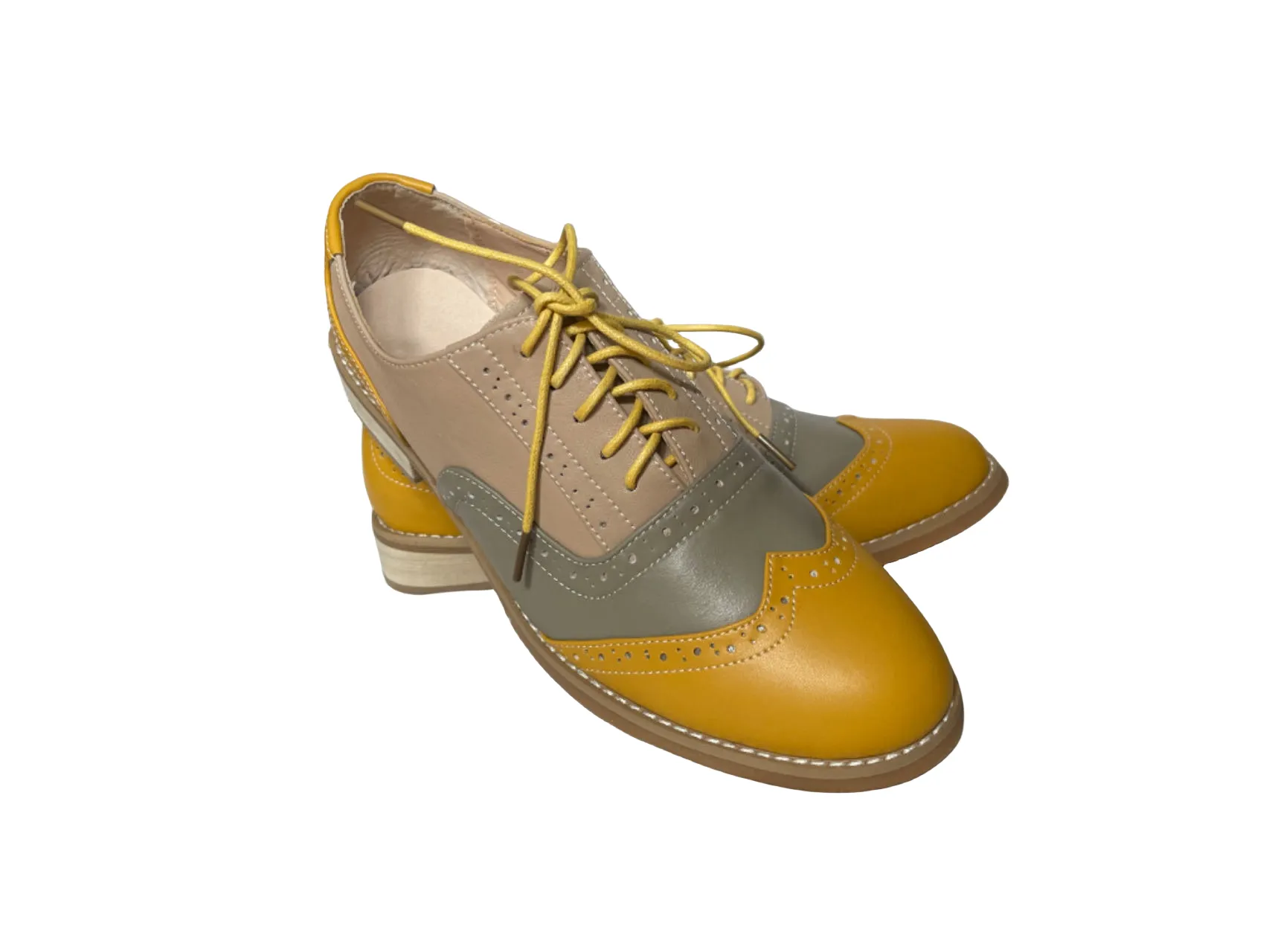 CrazycatZ Women's Leather Oxford Shoes Colorful Leather Oxfords Vintage Lace up Shoes Yellow