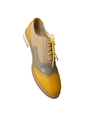 CrazycatZ Women's Leather Oxford Shoes Colorful Leather Oxfords Vintage Lace up Shoes Yellow