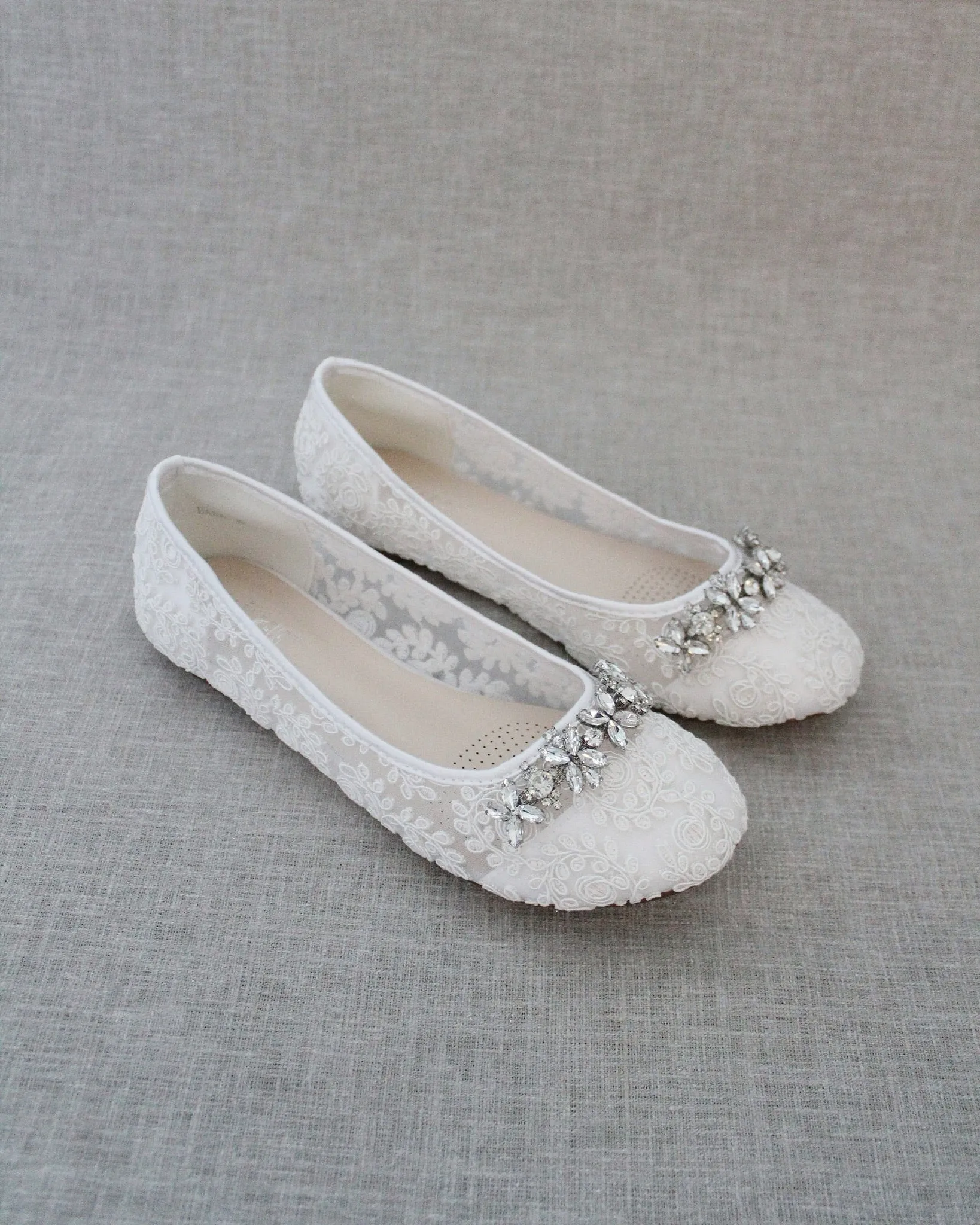 Crochet Lace Round Toe Flats with Floral Rhinestones