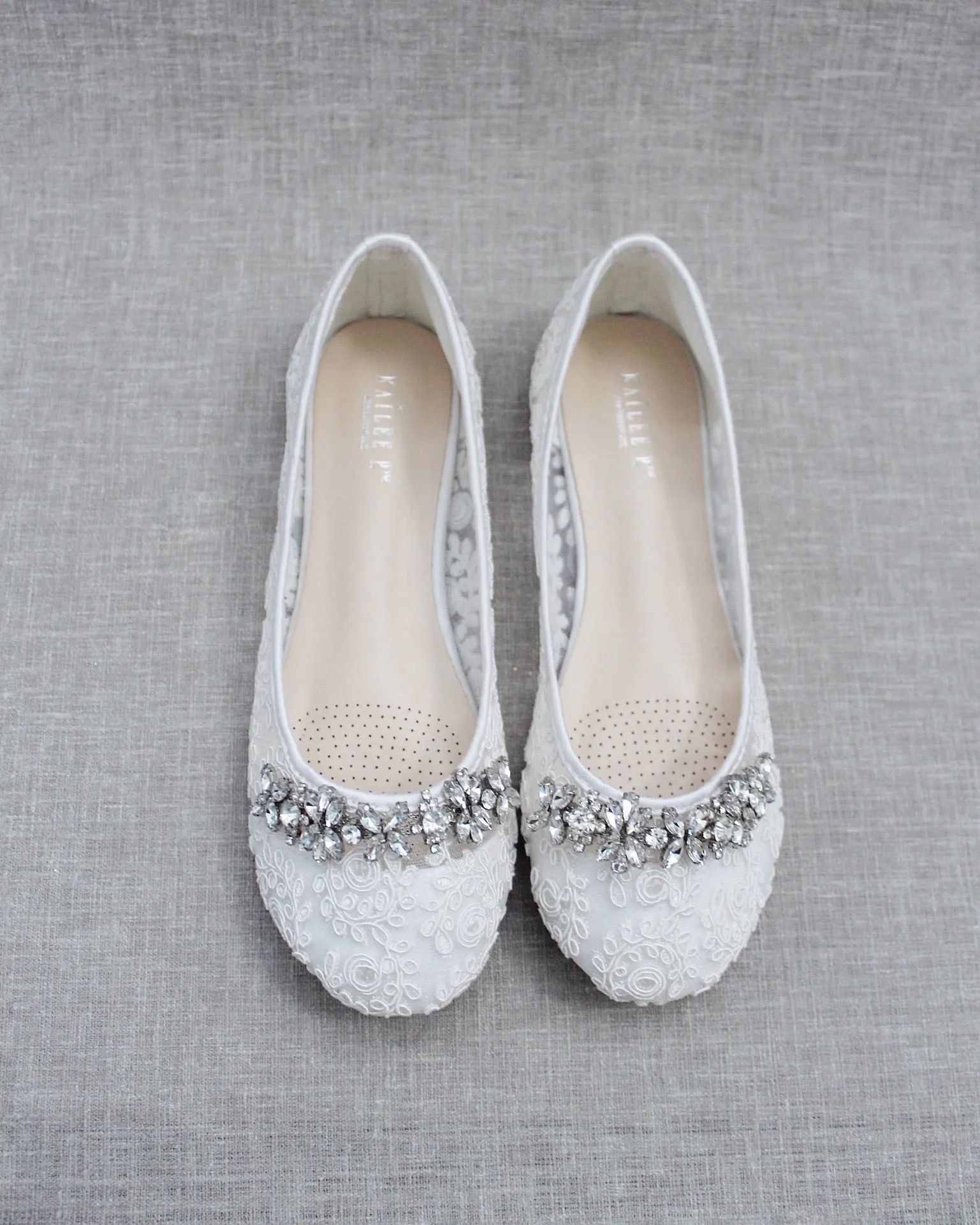 Crochet Lace Round Toe Flats with Floral Rhinestones
