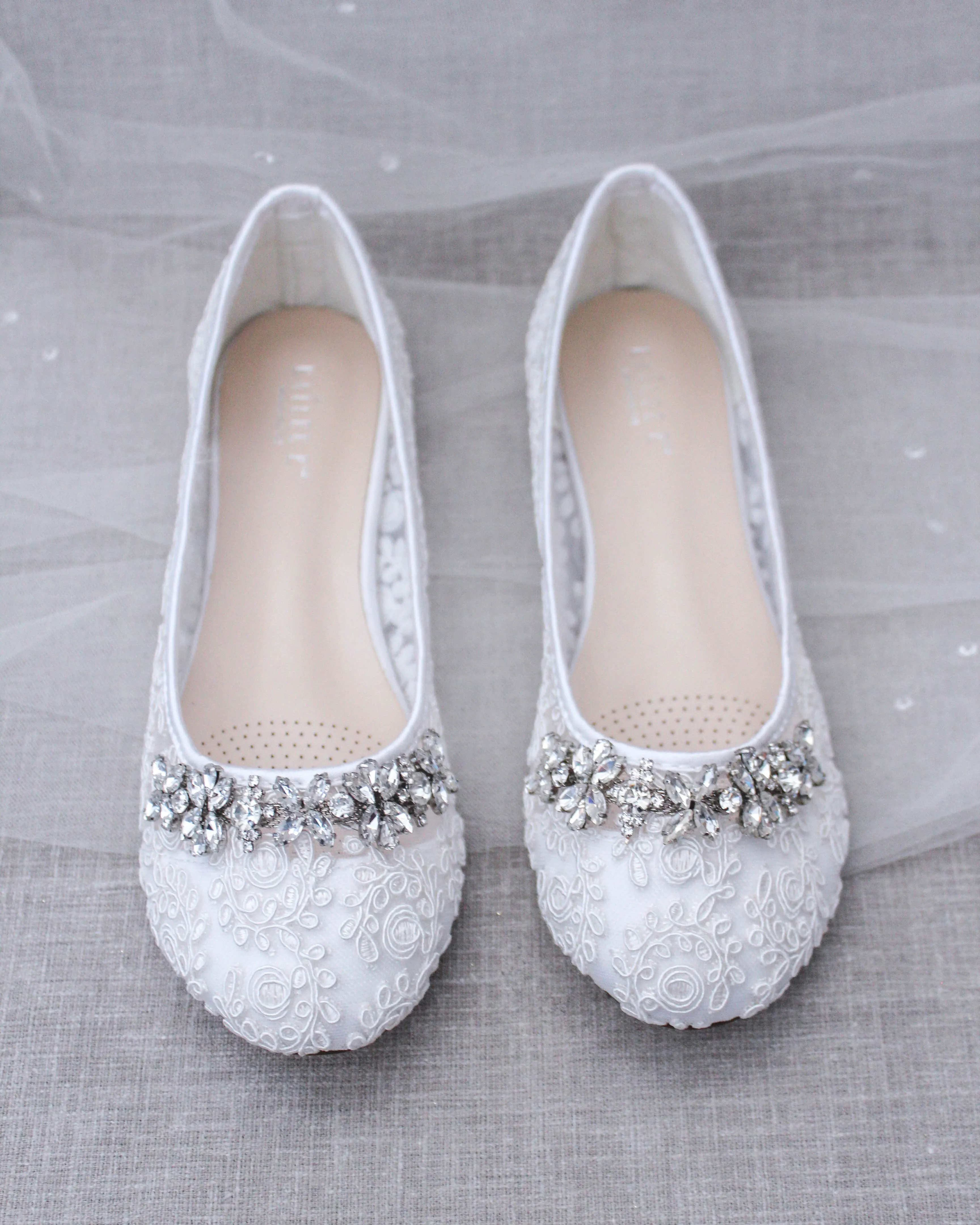 Crochet Lace Round Toe Flats with Floral Rhinestones