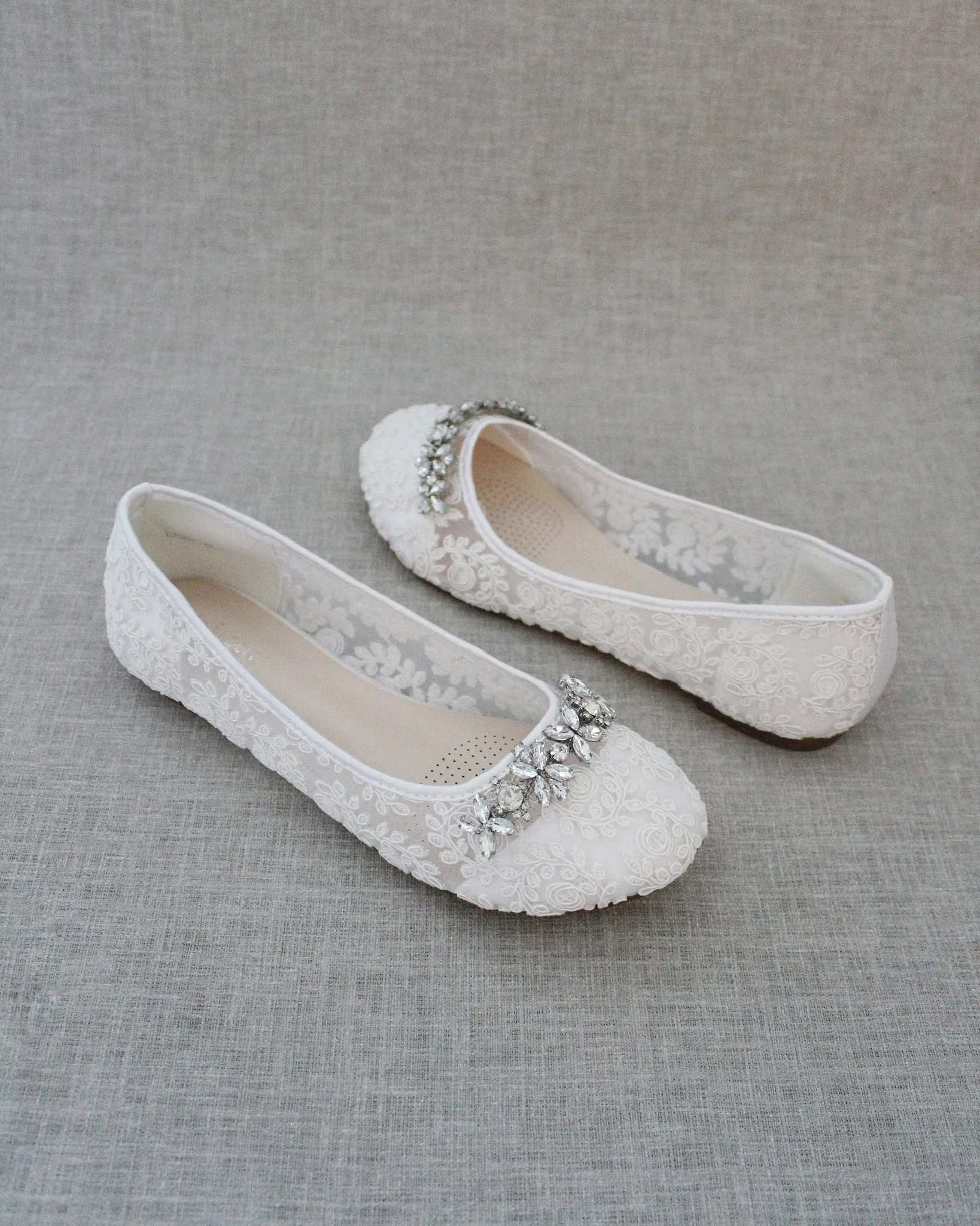 Crochet Lace Round Toe Flats with Floral Rhinestones