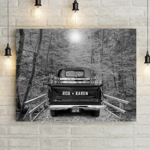 Custom Vintage Truck Wall Art Personalized B&W Canvas Print with Names