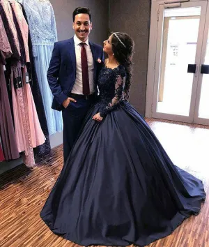 Dark blue round neck lace long prom dress, blue evening dress
