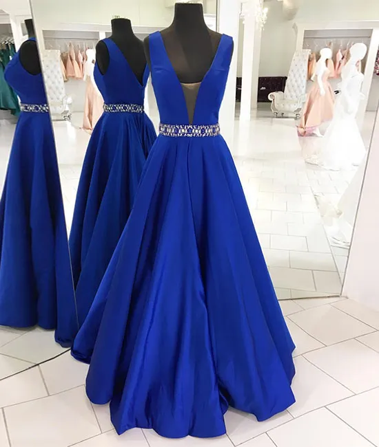Dark blue v neck long prom dress blue evening dress