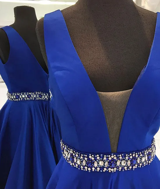 Dark blue v neck long prom dress blue evening dress