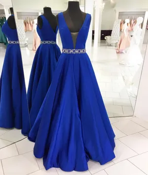 Dark blue v neck long prom dress blue evening dress