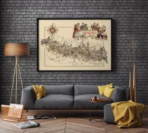 Decorative Map of Pyrenees, France| Vintage Map Art