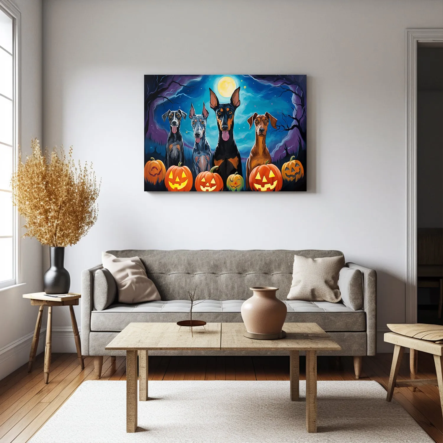 Doberman Pinschers Dogs Halloween With Pumpkin Oil Painting Van Goh Style, Wooden Canvas Prints Wall Art Painting , Canvas 3d Art