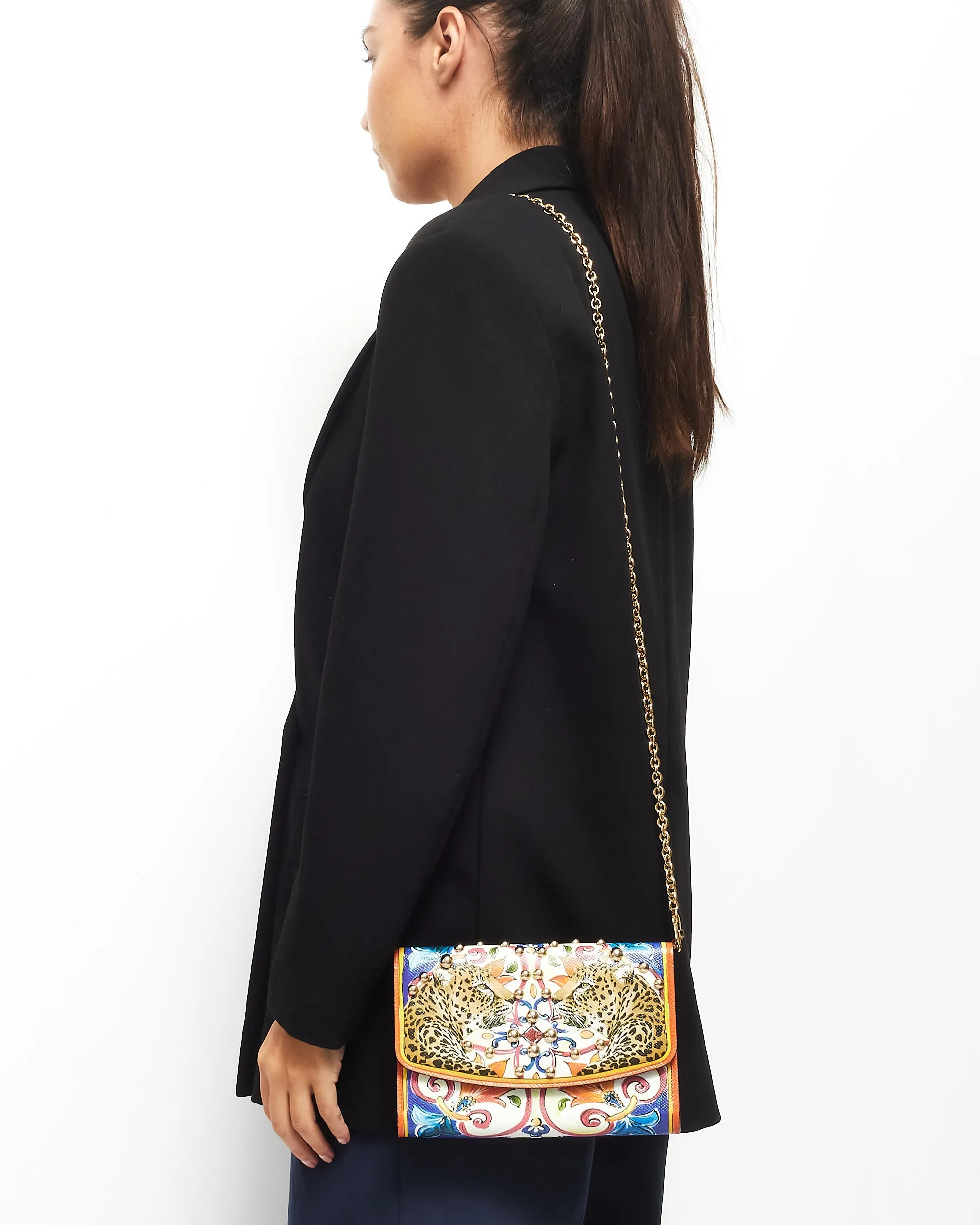 Dolce & Gabbana Leopard & Multi Color Coated Canvas Wallet On Chain