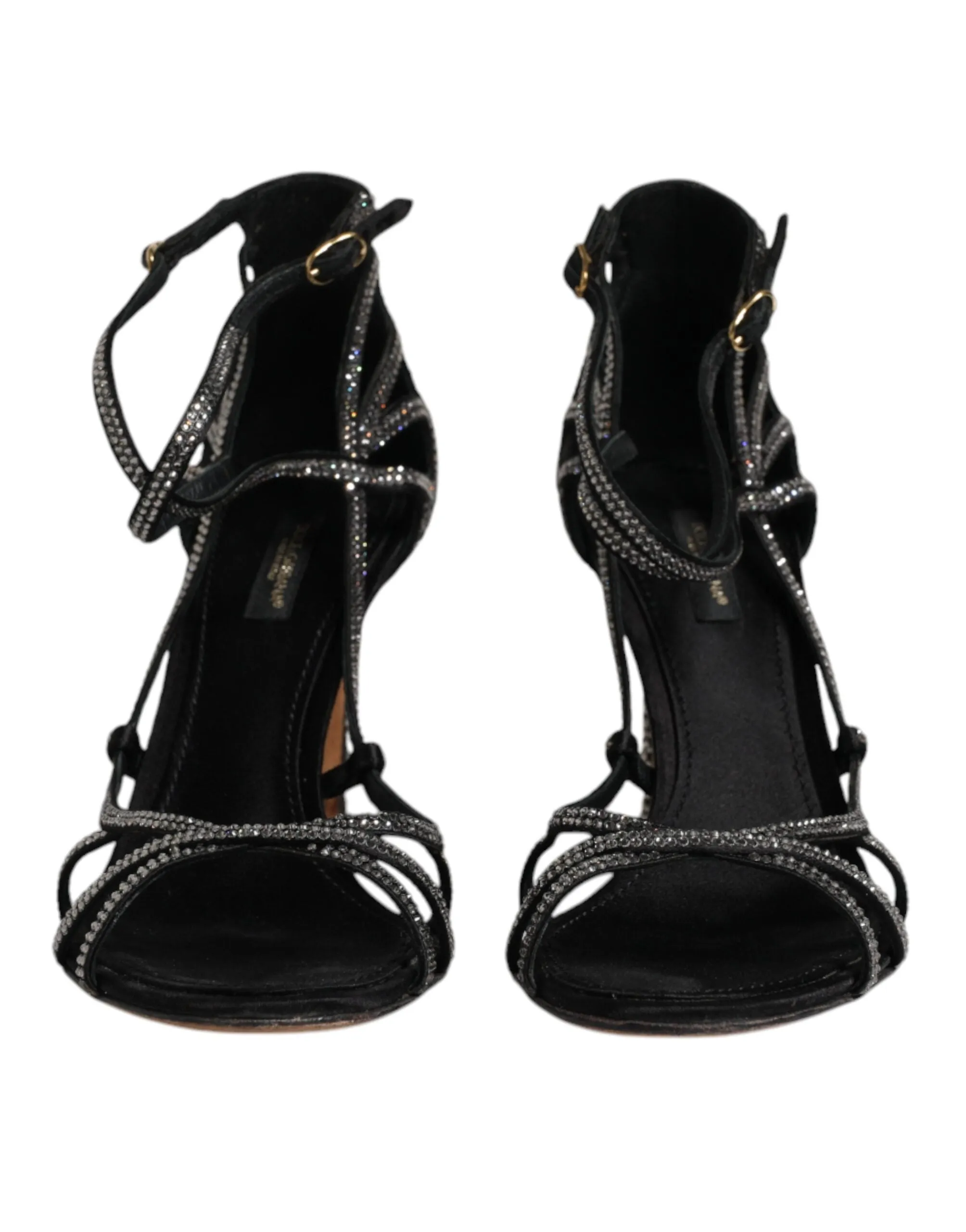 Dolce&Gabbana Women Black Sandals Leather Crystals Ankle Strap Heel Shoes EUR 39