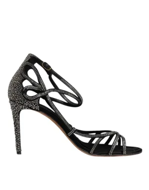 Dolce&Gabbana Women Black Sandals Leather Crystals Ankle Strap Heel Shoes EUR 39