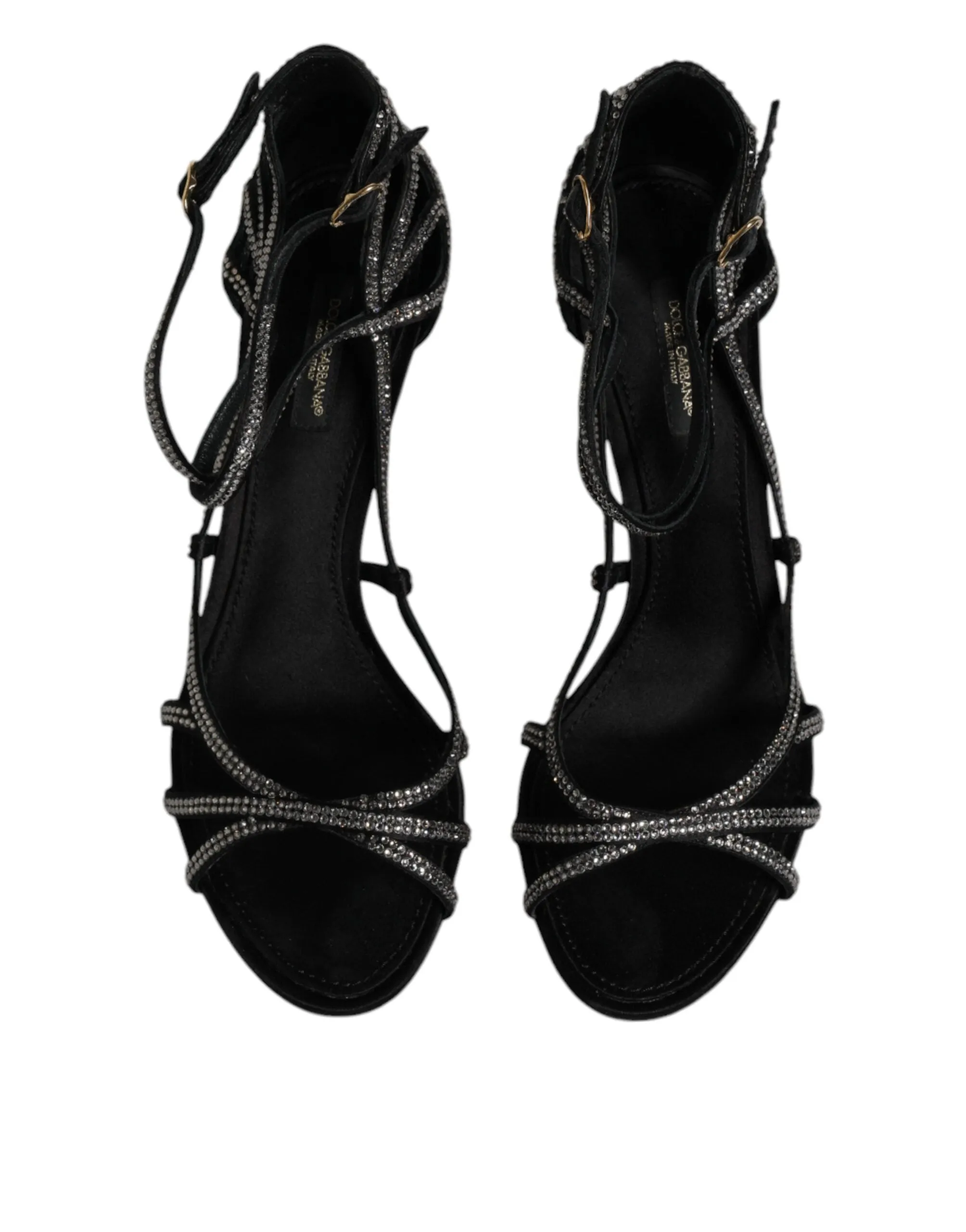 Dolce&Gabbana Women Black Sandals Leather Crystals Ankle Strap Heel Shoes EUR 39
