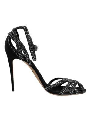 Dolce&Gabbana Women Black Sandals Leather Studded Ankle Strap Heel Shoes EUR 39