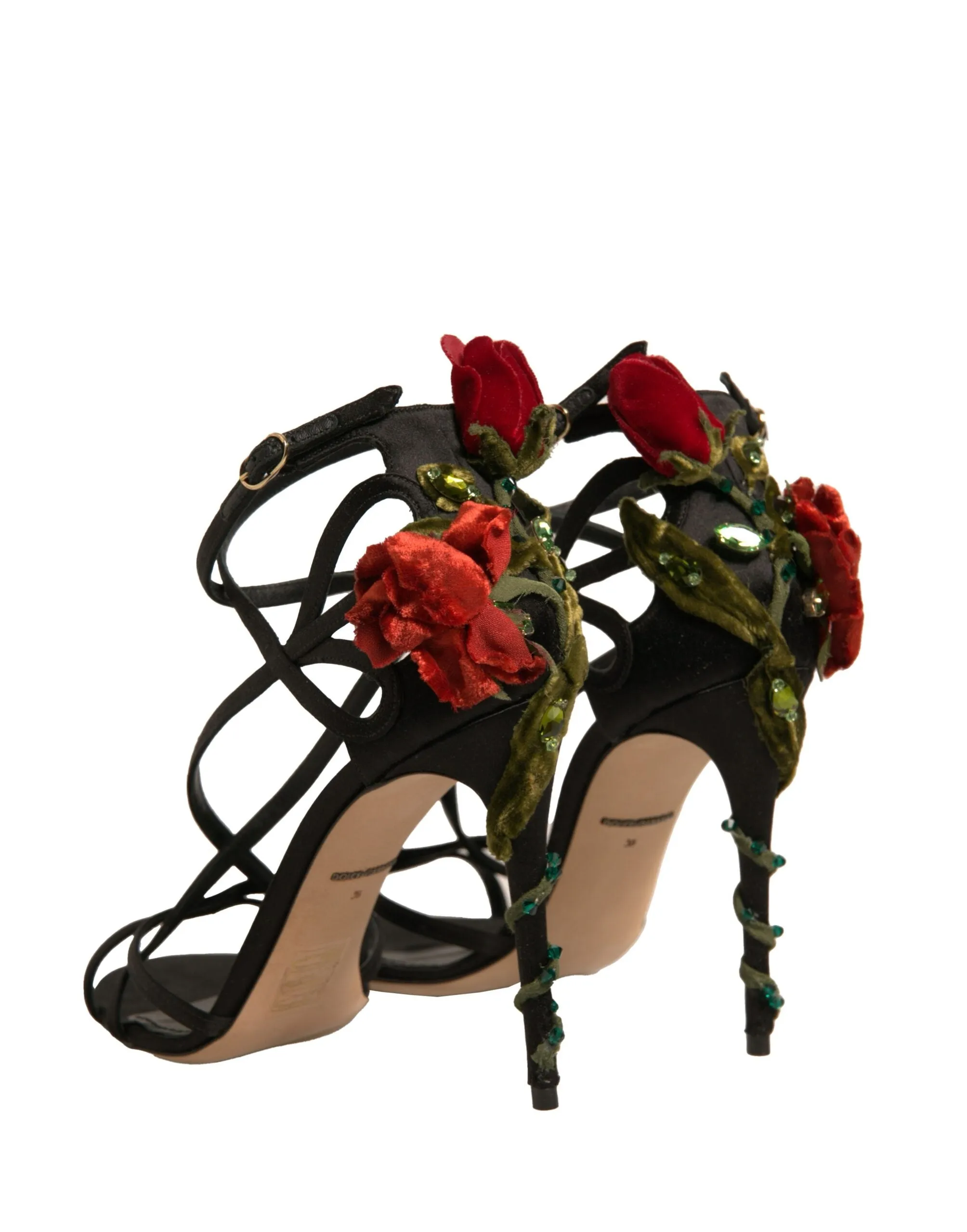 Dolce&Gabbana Women Black Sandals Viscose Floral High Heel Strappy Shoes EUR 38