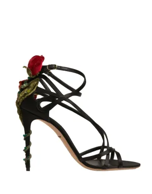 Dolce&Gabbana Women Black Sandals Viscose Floral High Heel Strappy Shoes EUR 38