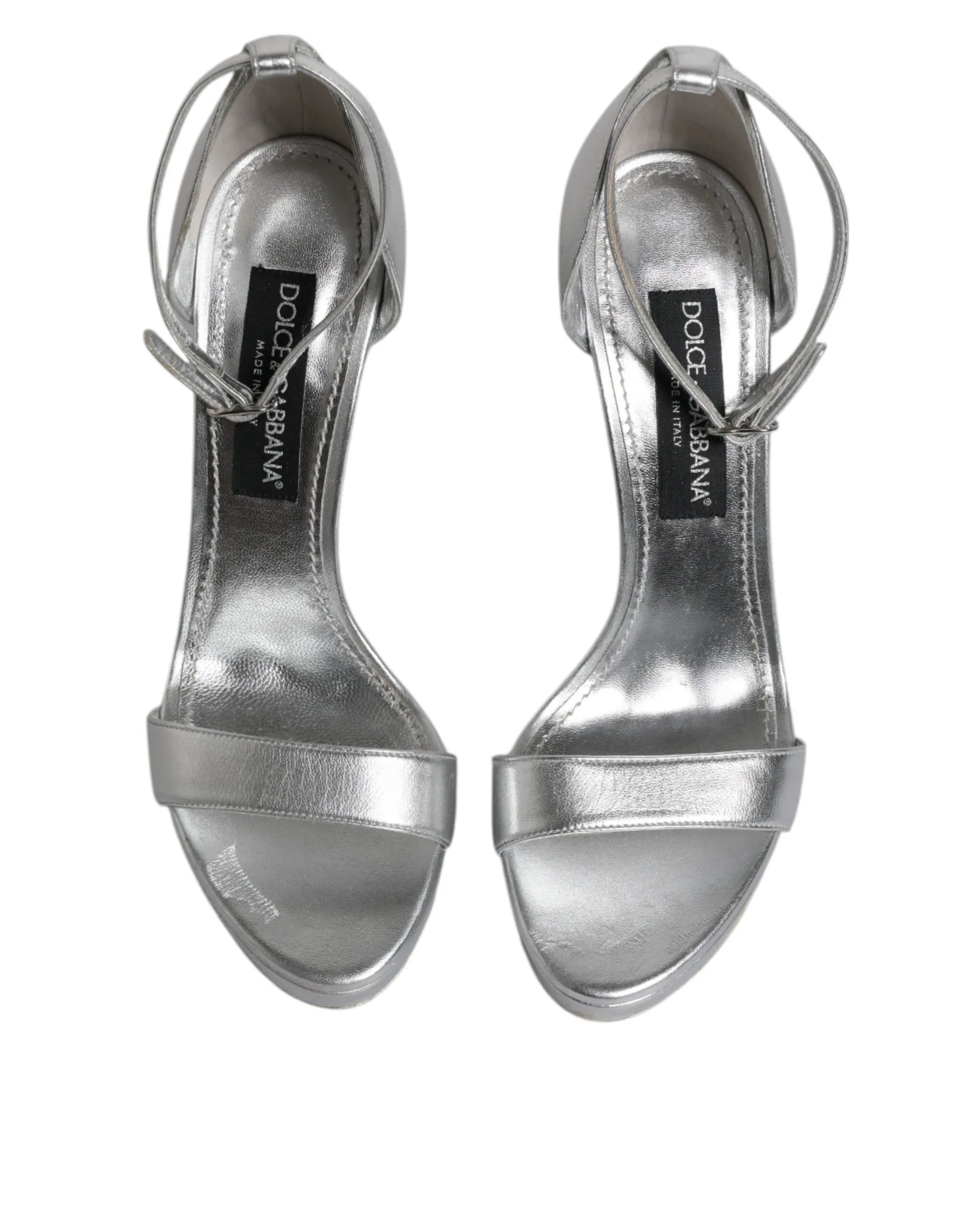 Dolce&Gabbana Women Silver Sandals 100% Leather Ankle Strap Wedge Shoes Sz EU 40