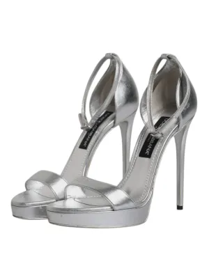 Dolce&Gabbana Women Silver Sandals 100% Leather Ankle Strap Wedge Shoes Sz EU 40