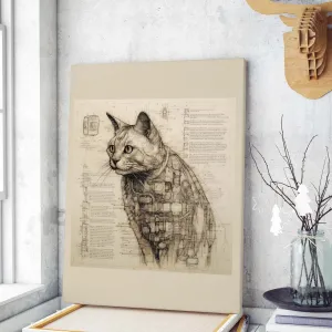Drawings Cat 05 Da Vinci Style Vintage Framed Canvas Prints Wall Art Hanging Home Decor