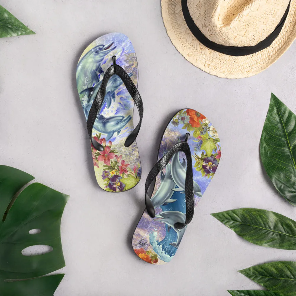 Exclusive Dolphins at Play Flip Flops Artwork by Jim Mazzotta