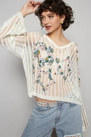 Floral Print Star Patch Lightweight Hooded Knit Cover Up