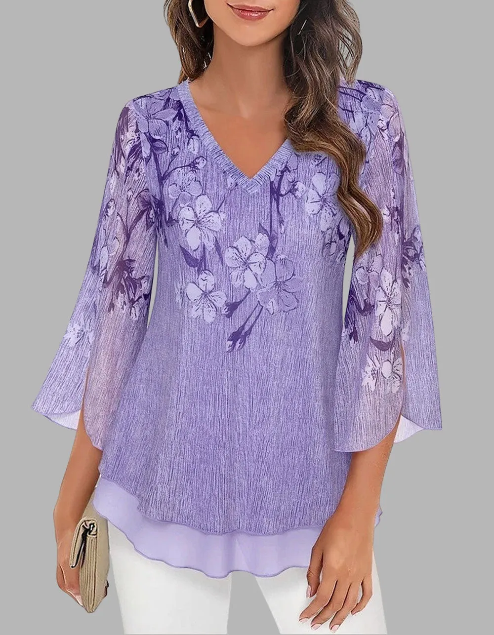 Floral Printed V Neck Mesh 3/4 Sleeve Asymmetrical Shirt