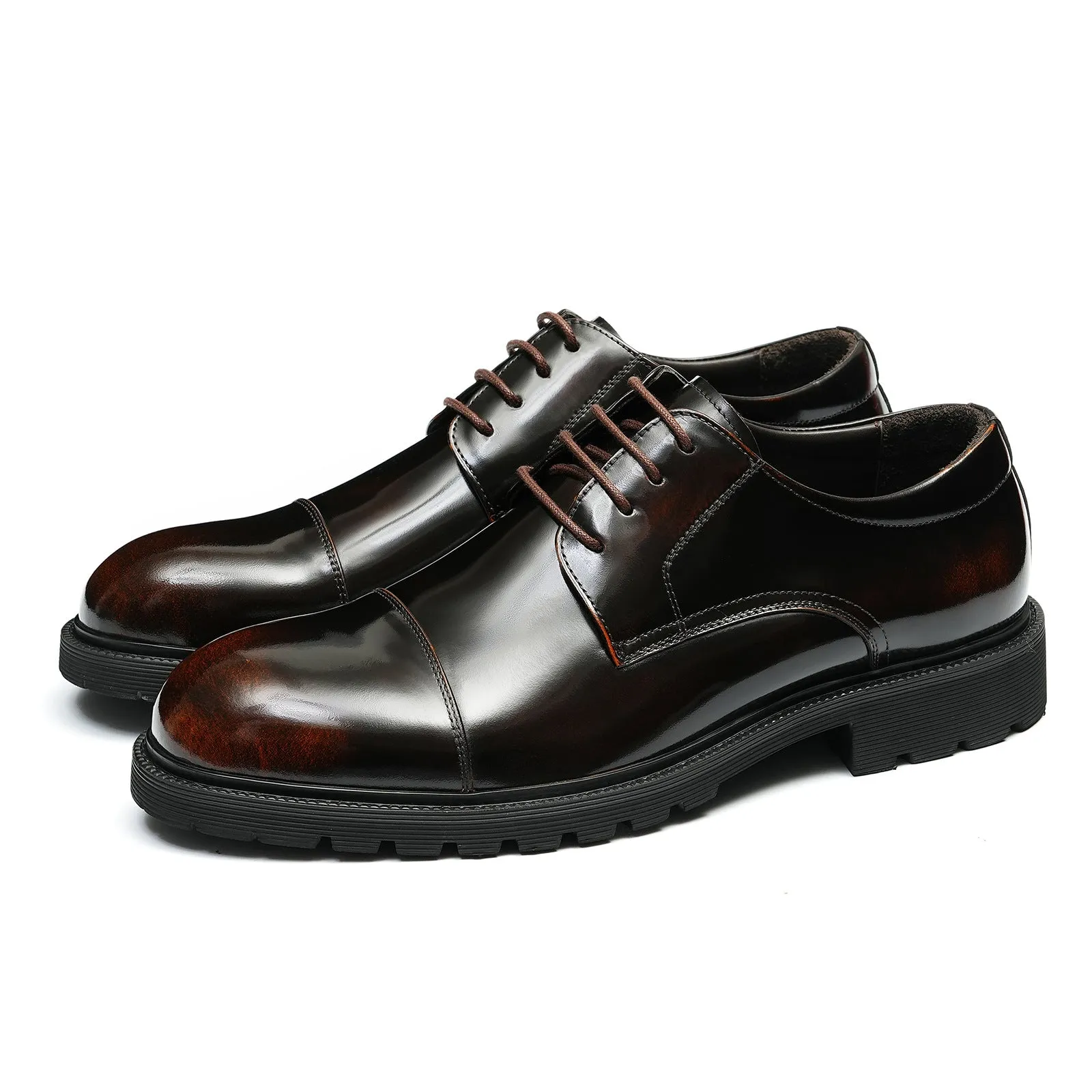 Formal Leather Shoes Men's Genuine Leather Lining Business Casual Shoes British Style round Head Thick Bottom Glossy Men's Shoes96117