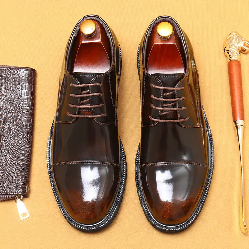 Formal Leather Shoes Men's Genuine Leather Lining Business Casual Shoes British Style round Head Thick Bottom Glossy Men's Shoes96117