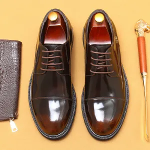 Formal Leather Shoes Men's Genuine Leather Lining Business Casual Shoes British Style round Head Thick Bottom Glossy Men's Shoes96117