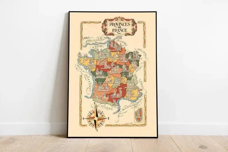 France Provinces Map Print| Vintage France Map Poster