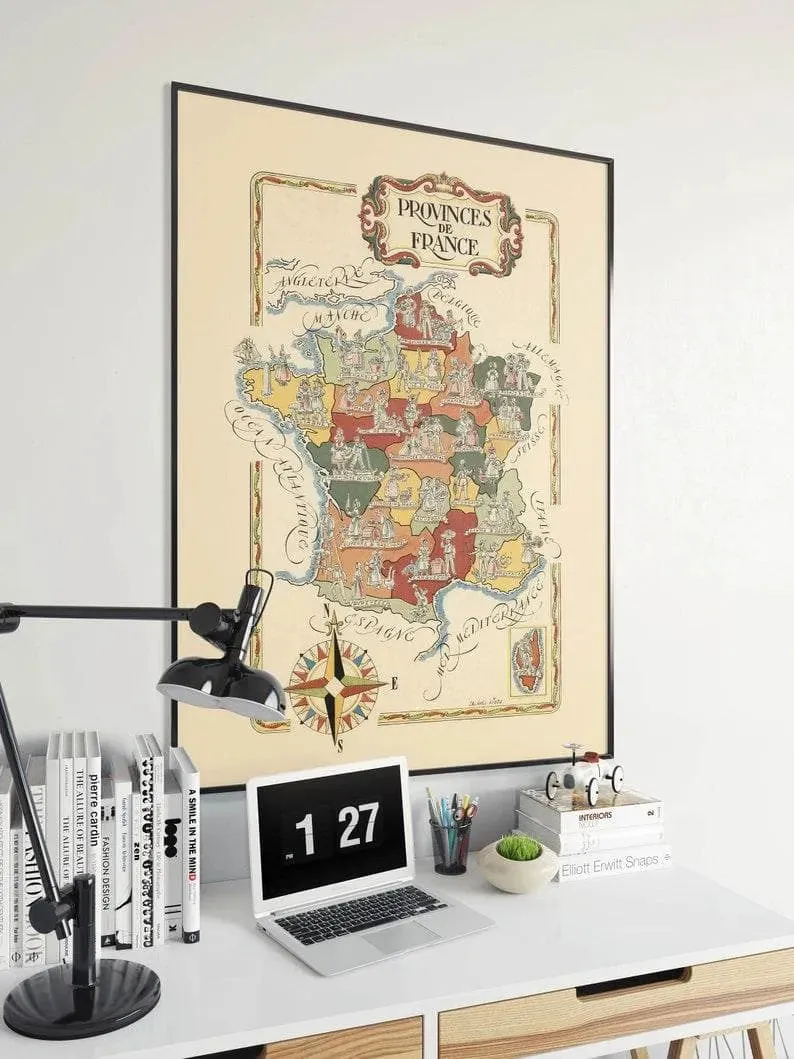 France Provinces Map Print| Vintage France Map Poster