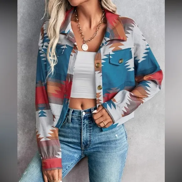Geo Print Drop Shoulder Flap Pocket Overcoat boyfriend shacket trucker jacket