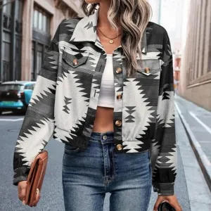 Geo Print Drop Shoulder Flap Pocket Overcoat boyfriend shacket trucker jacket
