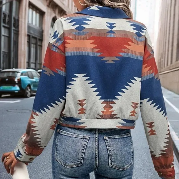 Geo Print Drop Shoulder Flap Pocket Overcoat boyfriend shacket trucker jacket
