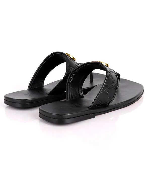 GG Gold Embossed Logo Thong Leather Slippers