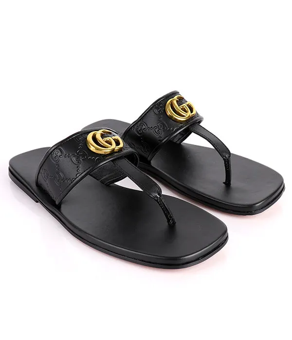 GG Gold Embossed Logo Thong Leather Slippers
