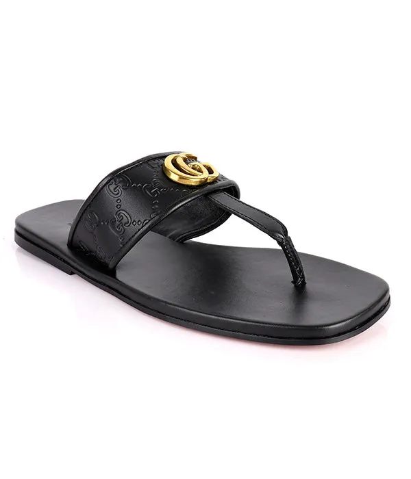 GG Gold Embossed Logo Thong Leather Slippers