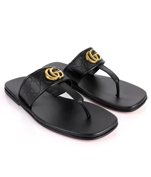 GG Gold Embossed Logo Thong Leather Slippers