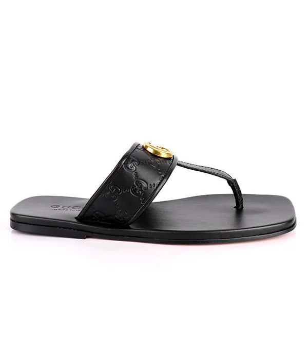 GG Gold Embossed Logo Thong Leather Slippers