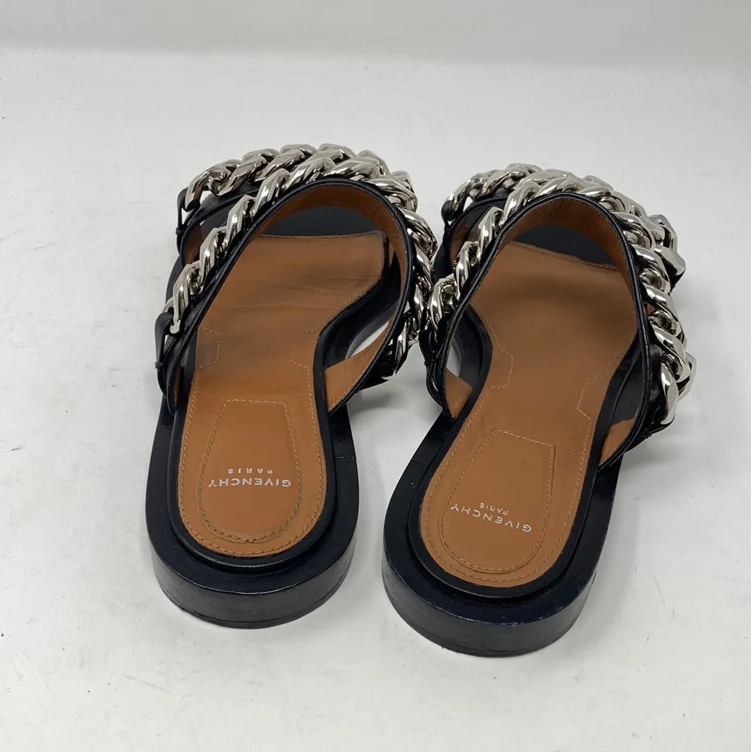Givenchy Black Leather 2 Strap Silver Chain Slides