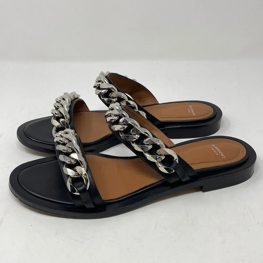 Givenchy Black Leather 2 Strap Silver Chain Slides