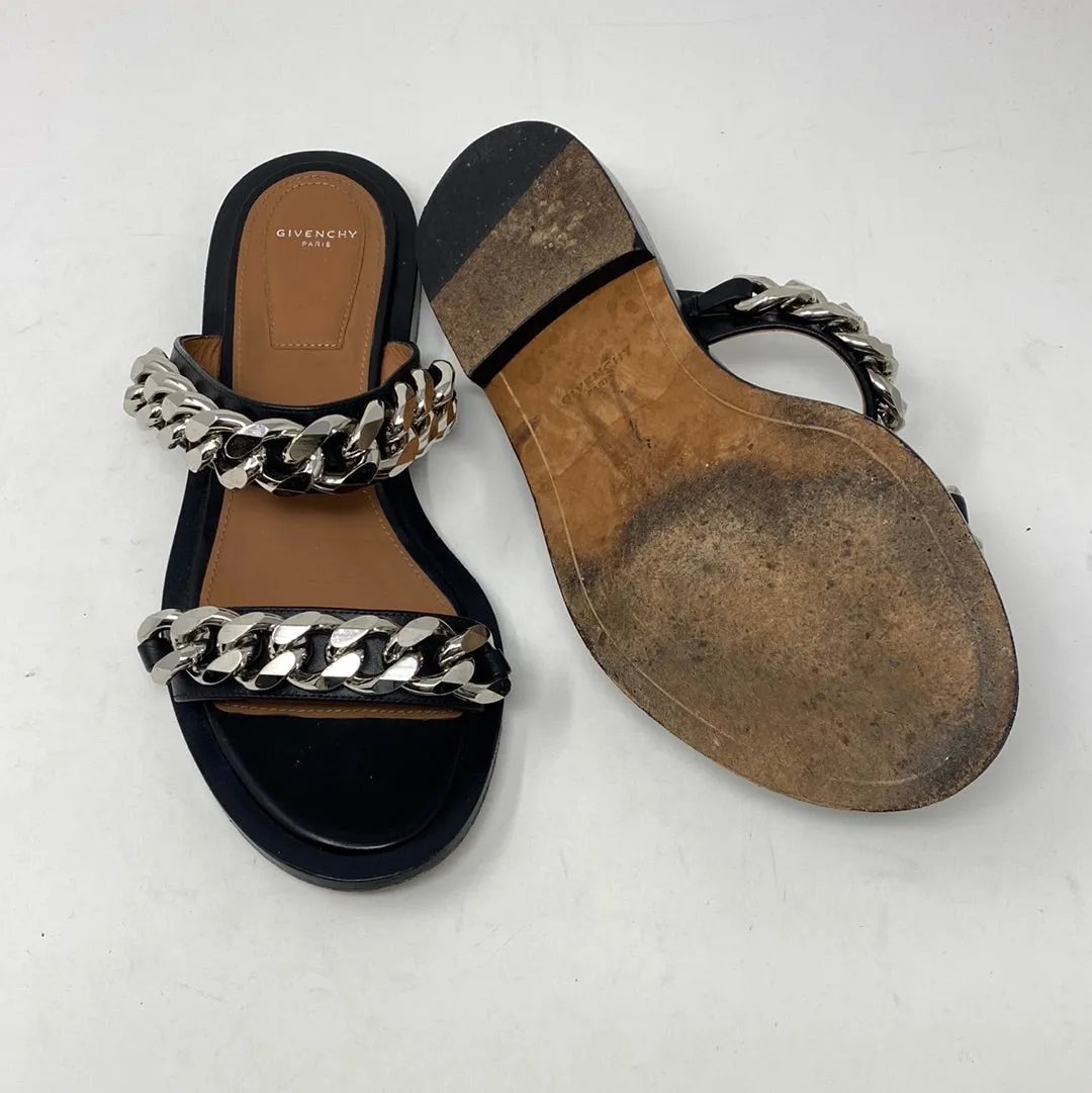 Givenchy Black Leather 2 Strap Silver Chain Slides