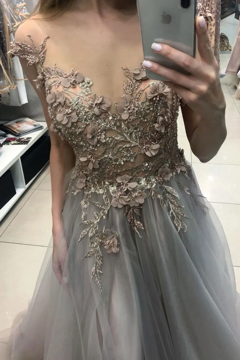 Gray v neck tulle lace long prom dress, gray evening dress