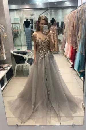 Gray v neck tulle lace long prom dress, gray evening dress
