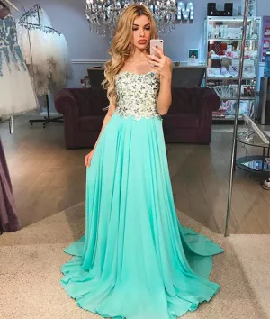 Green A-line chiffon long prom dress, green chiffon evening dress