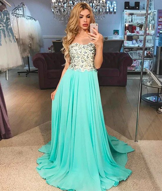 Green A-line chiffon long prom dress, green chiffon evening dress