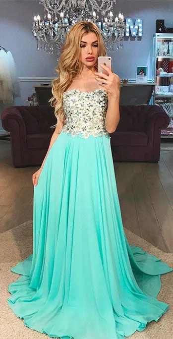 Green A-line chiffon long prom dress, green chiffon evening dress